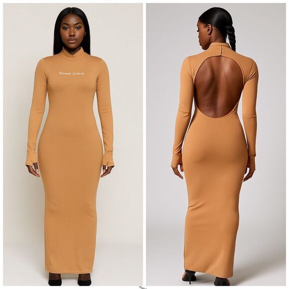 Revolve Shane Justin Nude Brown Tan Backless Cutout Maxi Bodycon Dress - Picture 1 of 11